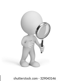 3d man stares through a magnifying glass. 3d image. White background.