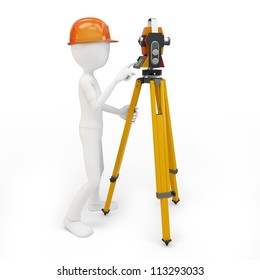 3d man with station surveying isolated on white