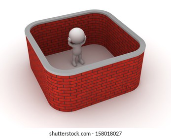 3D Man Stuck With Brick Wall Around Him 