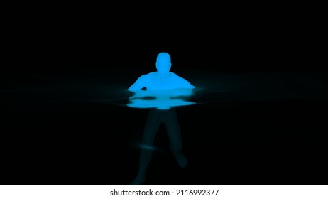 3d Man Swimming. Design. Fluorescent Silhouette Of Man In Water. 3D Animation Of Glowing Man Floating In Water On Black Background