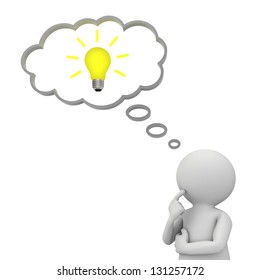 3d Man Thinking With Idea Bulb In Thought Bubble Above His Head Over White Background