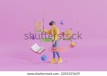 3d man touching the screen of a mobile phone . Metaverse Digital Virtual Reality Technology of a man with glasses and a headset VR connected to the virtual space.