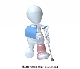 3d Man Walking On Crutches Wearing An Arm Sling And Foot Cast