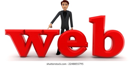 3d man with web text concept on white background, front angle view
