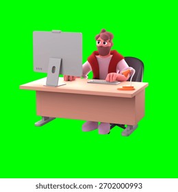 3D man working on computer with green screen background, depicting a focused male character sitting at a desk using a PC for work, office task, or digital project.