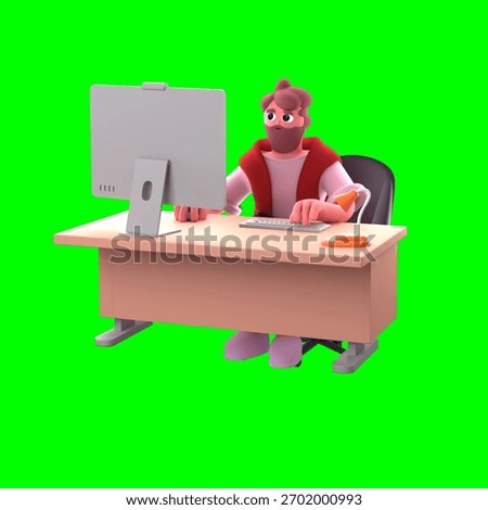 3D man working on computer with green screen background, depicting a focused male character sitting at a desk using a PC for work, office task, or digital project.