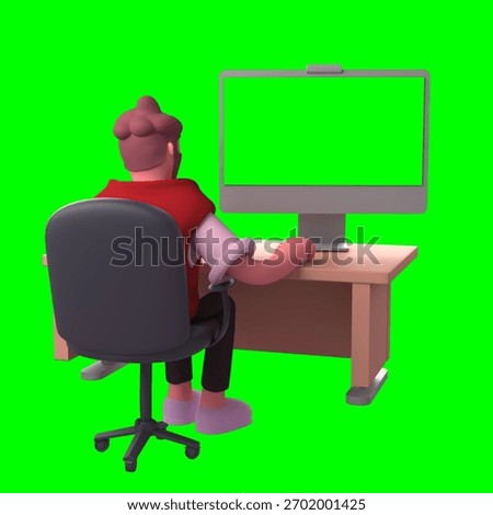 3D man working on computer from back view on green screen background, office worker using PC for work, animation asset for editing and digital projects.