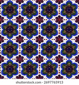 A 3D mandala floral pattern featuring layered petals in rich shades of blue, green, and purple with golden highlights. The design repeats symmetrically, showcasing a textured surface that resembles wo