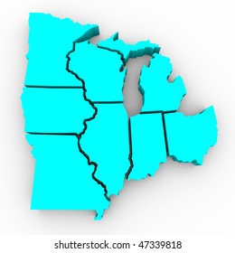 A 3d Map Of The Great Lakes Region Of States: Michigan, Ohio, Indiana, Illinois, Minnesota, Wisconsin, Iowa And Missouri