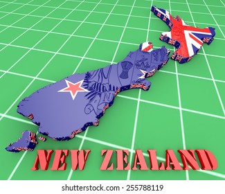 3D Map Illustration Of New Zealand With Coat Of Arms