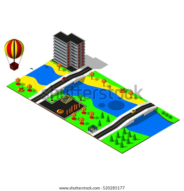 3d map.\
Isometric building. Map includes beach, river, bridge, hotel,\
amusement park, car and markings. Isometric\
city.