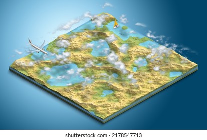 3d Map Mountain Concept. Miniature Map Design 3d Render. Isometric Map, Top View With Clouds.  Green Atlas , Water Elevation, Yacht And Plane Visual . Tropical Travel Concept