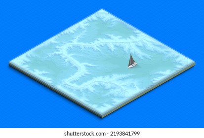 3d Map Of Ocean Relief. Miniature Map , 3d Render. Isometric Map, Top View. Isometric Ocean Map With Ship