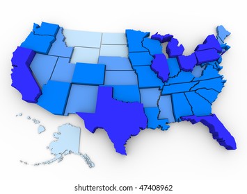 A 3d map of the United States, with the most populated states in dark blue and the least populated in light blue, data from 2000 U.S. Census