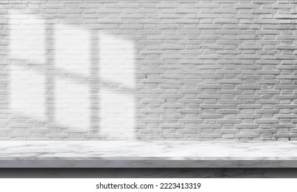 3d Marble Desk Mockup Against The Background Of A White Brick Wall With White Sun Rays From The Window