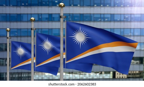 3D, Marshallese flag waving on wind with modern skyscraper city. Marshall banner blowing, soft and smooth silk. Cloth fabric texture ensign background. National day and country occasions concept.