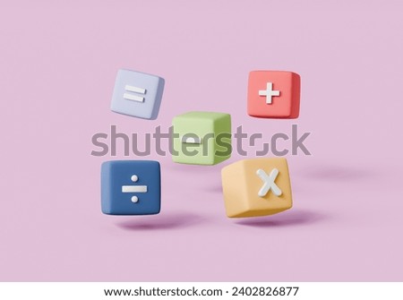 3D Mathematic dice, Mathematic learning education concept. floating on pink background. basic math operation colorful symbols math, plus, minus, multiplication, number divide. 3d render illustration.
