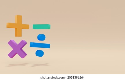 3D Mathematic education symbols on yellow background. Math operation concept. computation icon colorful Geometry shape, multicolored objects, 3D rendering, isolated.