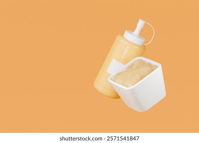 3d mayonnaise sauce. Fast food sauce concept. Minimal Cartoon Ketchup oil, egg yolk sauce red bottle packaging mockup food product icon creative isolated on transparent background. PNG. 3d render.