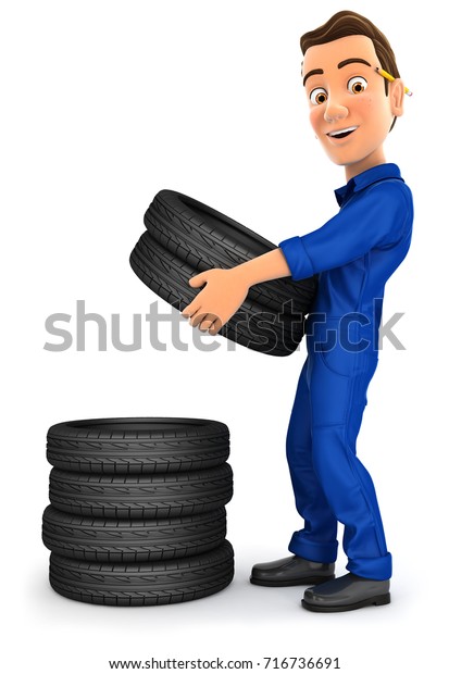 3d mechanic stacking tires, illustration with\
isolated white\
background
