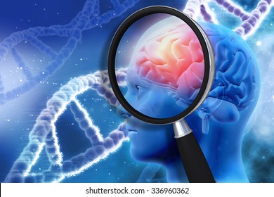 3D medical background with magnifying glass examining brain depicting alzheimers research