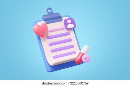 3d Medical History Icon. Health Document On Clipboard, Pill, White Capsule, Red Heart. Personal Profile Icon For Case History, Medical Appointment Concept. Cartoon Icon Smooth. 3d Render Clipping Path