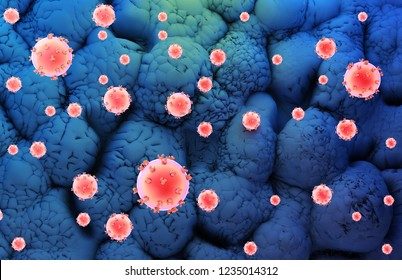 3d Medical Illustration Of HIV Human Immune Deficiency Virus Invading Human Cell At Microscopic Level, Which May Lead To AIDs Viral Infection. Immunology Healthcare Image.