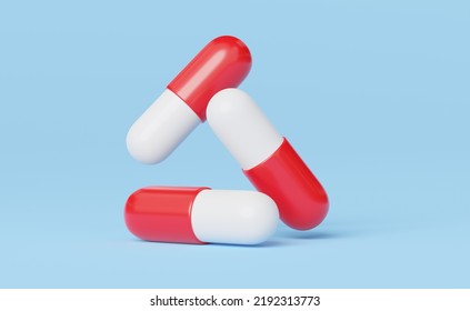 3D Medicine capsules float on blue background. White red pill capsule fall. Pharmacy dispense, drug advertising. Health care, medical treatment, Dietary concept. Cartoon minimal icon. 3d render. - Powered by Shutterstock