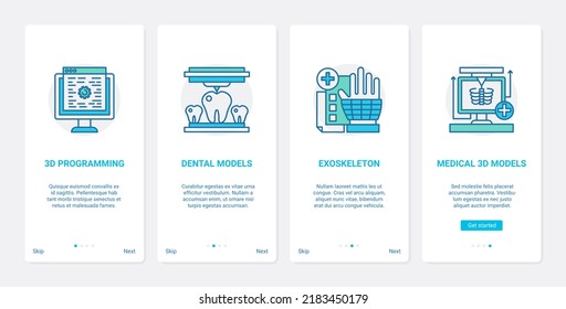 3d Medicine Healthcare Technology Illustration. UX, UI Onboarding Mobile App Page Screen Set With Line Tech Medical Modern Innovation For Dentistry, Dental Implant Exoskeleton Model Symbols