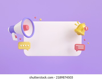 3d megaphone with message speech bubble copy space.  reminder popup bell push notification symbol. 3d rendering illustration cartoon minimal style. Empty application business promotion.