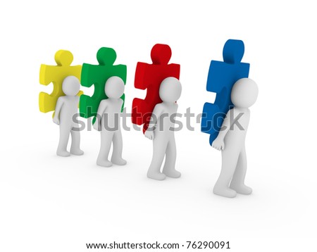 3d men puzzle teamwork red blue green yellow