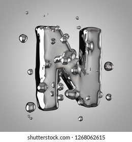 3D Mercury Letter N Uppercase. 3D Rendering Liquid Metal Font With Drops Isolated On Light Background.