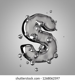 3D Mercury Letter S Uppercase. 3D Rendering Liquid Metal Font With Drops Isolated On Light Background.