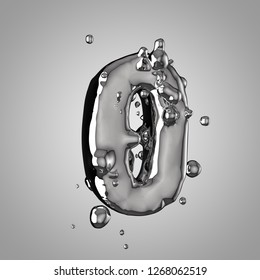 3D Mercury Number 0. 3D Rendering Liquid Metal Font With Drops Isolated On Light Background.