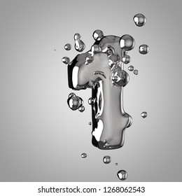 3D Mercury Number 1. 3D Rendering Liquid Metal Font With Drops Isolated On Light Background.