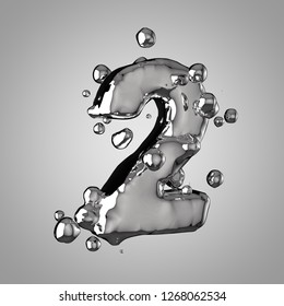 3D Mercury Number 2. 3D Rendering Liquid Metal Font With Drops Isolated On Light Background.