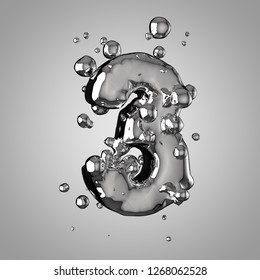 3D Mercury Number 3. 3D Rendering Liquid Metal Font With Drops Isolated On Light Background.