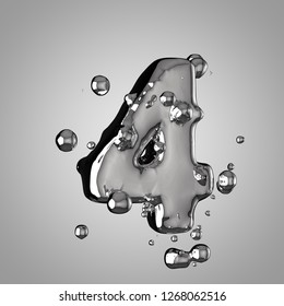 3D Mercury Number 4. 3D Rendering Liquid Metal Font With Drops Isolated On Light Background.