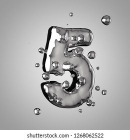 3D Mercury Number 5. 3D Rendering Liquid Metal Font With Drops Isolated On Light Background.