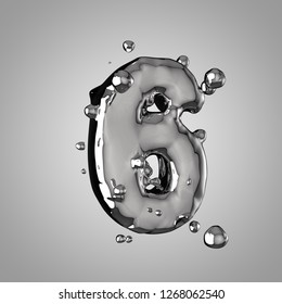 3D Mercury Number 6. 3D Rendering Liquid Metal Font With Drops Isolated On Light Background.