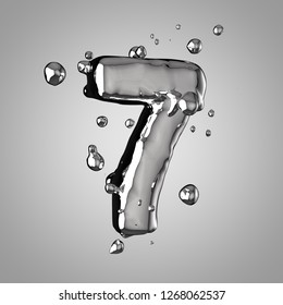 3D Mercury Number 7. 3D Rendering Liquid Metal Font With Drops Isolated On Light Background.