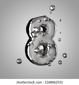 3D Mercury Number 8. 3D Rendering Liquid Metal Font With Drops Isolated On Light Background.