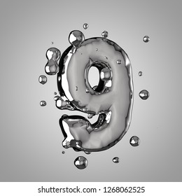 3D Mercury Number 9. 3D Rendering Liquid Metal Font With Drops Isolated On Light Background.