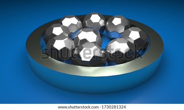 3D metal disk filled with metal balls with
faces. blue floor. studio
lighting.