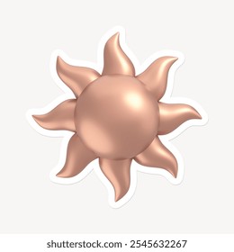 3D metallic sun with wavy rays, bronze color. Sun design with metallic shine, wavy rays. Bronze sun, metallic texture, wavy rays in 3D. Rose gold 3D icon. Sun icon.