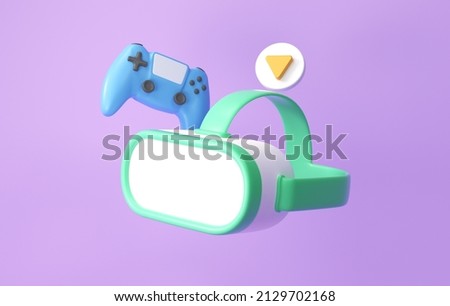 3D Metaverse - virtual world concept. VR goggle, play button and joypad on purple background. 3d render illustration