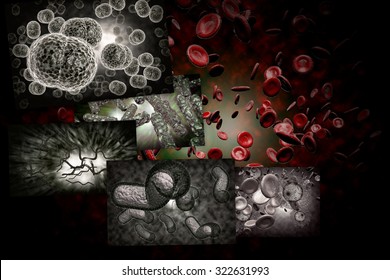 3D Microscope Close Up Of Various Bacteria In Collage Imagery