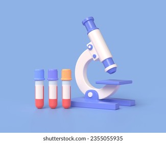 3d microscope and test tubes on a stand in cartoon style. concept of scientific research or laboratory analysis isolated on blue background. 3d rendering