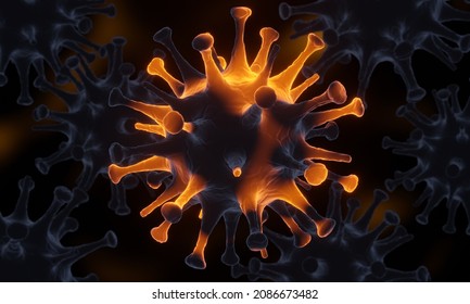 3D Microscopic COVID19 Virus. Omicron Variant. Coronavirus Mutation. Global Health Crisis.