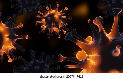 3D Microscopic COVID19 Virus. Omicron Variant. Coronavirus Mutation. Global Health Crisis.